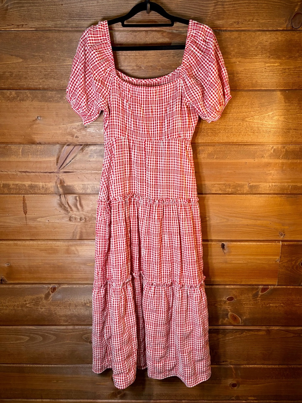 Primark Red & White Gingham Puff Sleeve Tiered Cottagecore Midi Dress Size 4 ❤️
